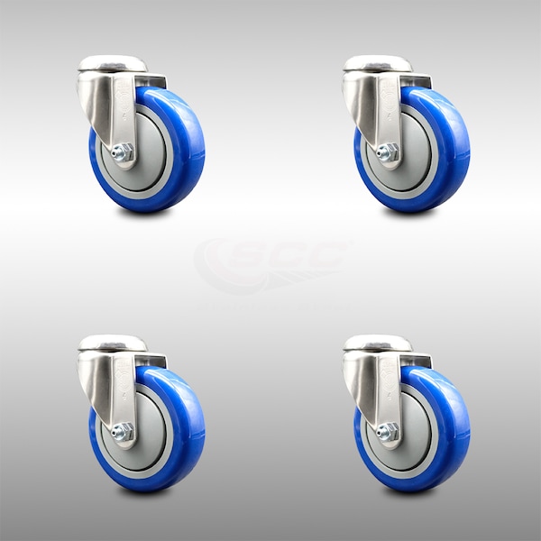 4 Inch 316SS Blue Polyurethane Wheel Swivel Bolt Hole Caster Set